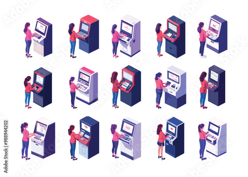 Atm cashpoint withdraw isometry vector set. Female backpack operating banking cash terminal, automatic money kiosk receiving banknotes accepting deposit bills, currency service transactions isolated