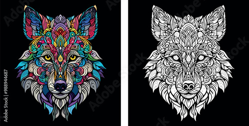 Wolf in mandala style for coloring book, vector illustrations for adults. Anti-stress coloring for adults. Wolf in two versions, colored and white with black background