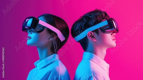 Two people wearing VR headsets with vibrant pink and blue lighting.