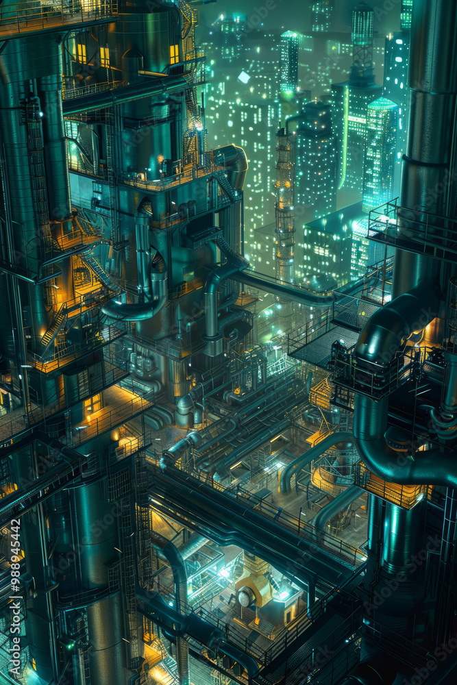 Refinery factory at night, electric and futuristic architecture style. Refinery factory at night, electric and futuristic architecture style.