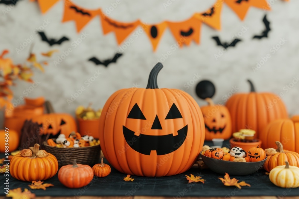 Festive Halloween scene featuring smiling pumpkins, spooky decorations, and autumn leaves, perfect for seasonal celebrations. Festive Halloween scene featuring smiling pumpkins, spooky decorations, and autumn leaves, perfect for seasonal celebrations.