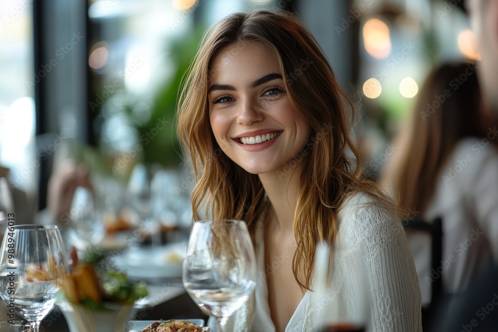 Happy entrepreneur talks to her coworkers during business lunch in restaurant, Generative AI Happy entrepreneur talks to her coworkers during business lunch in restaurant, Generative AI
