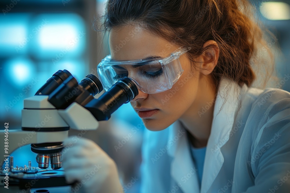 Female biochemist using microscope while working on scientific research in laboratory, Generative AI Female biochemist using microscope while working on scientific research in laboratory, Generative AI