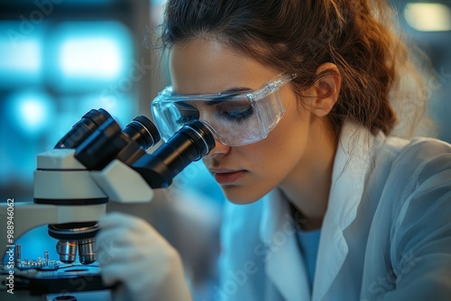 Female biochemist using microscope while working on scientific research in laboratory, Generative AI