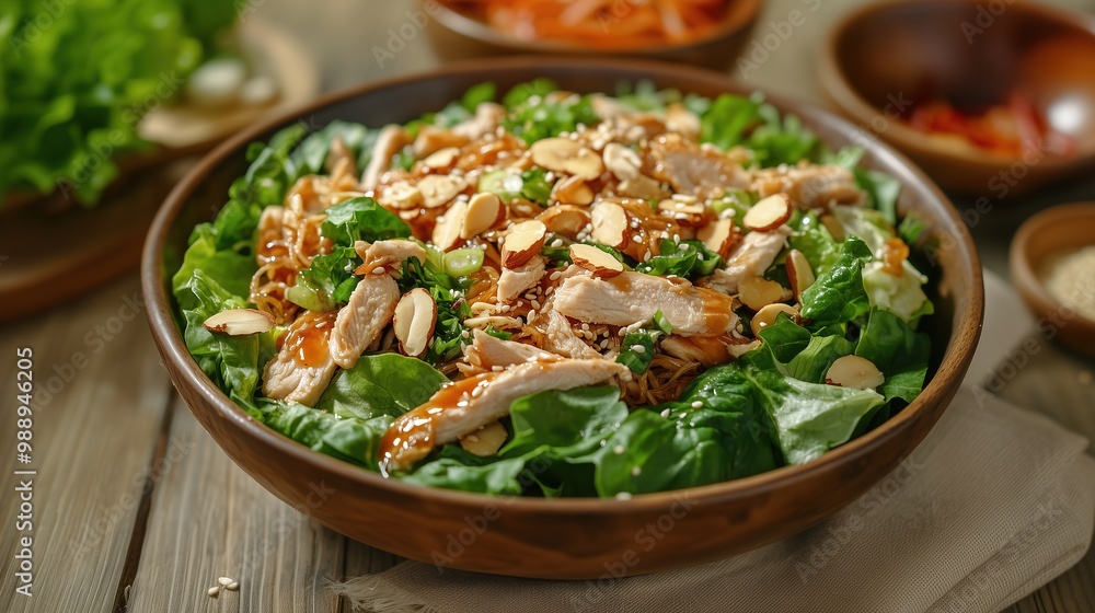 Chinese Chicken Salad with shredded chicken meat, mandarin oranges, crunchy noodles, red cabbage, napa cabbage, carrots, green onions in bowl, close-up Chinese Chicken Salad with shredded chicken meat, mandarin oranges, crunchy noodles, red cabbage, napa cabbage, carrots, green onions in bowl, close-up