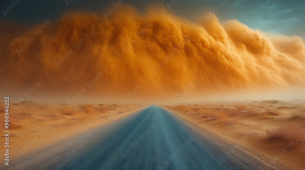 A dramatic dust storm approaching a lonely road in a desert landscape. A dramatic dust storm approaching a lonely road in a desert landscape.