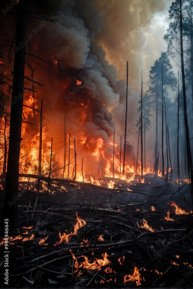 Catastrophic forest fire engulfing everything in flames. A horrific scene unfolds as a forest burns uncontrollably, with flames raging in all directions. generative AI Catastrophic forest fire engulfing everything in flames. A horrific scene unfolds as a forest burns uncontrollably, with flames raging in all directions. generative AI