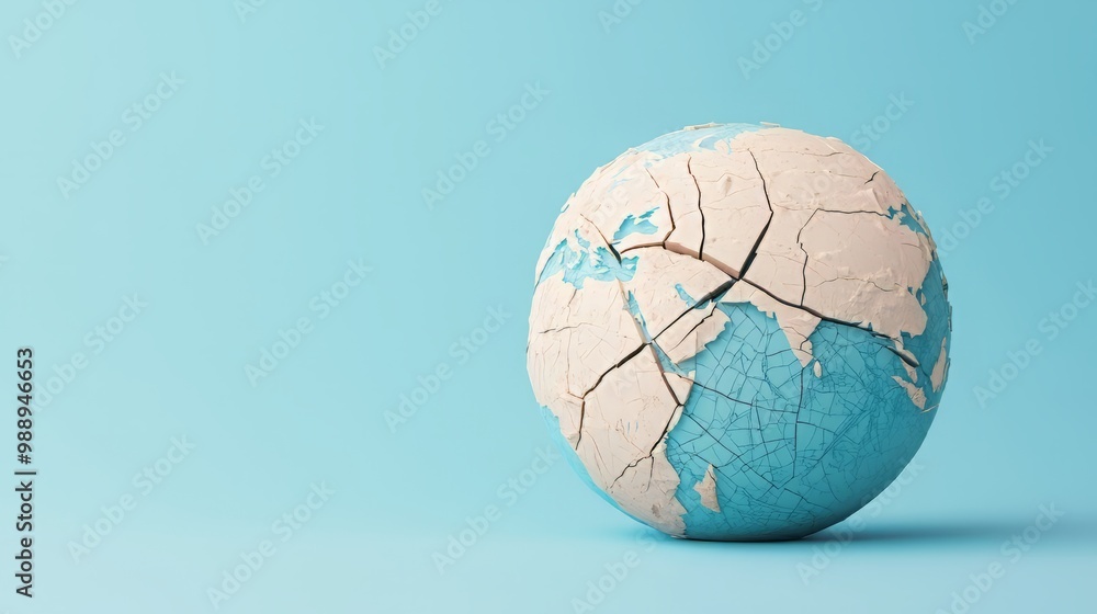A cracked globe on a blue background, symbolizing global issues and environmental challenges facing our planet today. A cracked globe on a blue background, symbolizing global issues and environmental challenges facing our planet today.