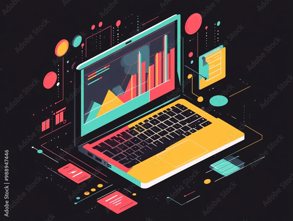 Colorful laptop with data visualizations Colorful laptop with data visualizations