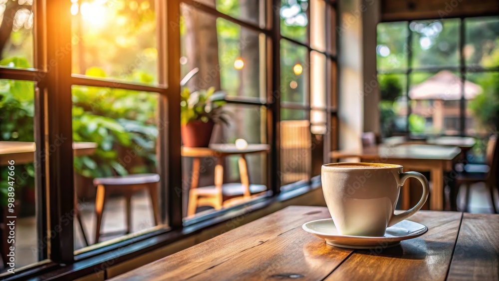 Coffee mug on wooden table near window in a cozy cafe setting Coffee mug on wooden table near window in a cozy cafe setting