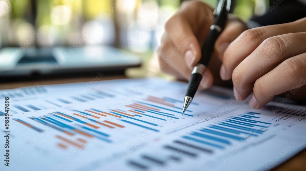 Analyzing financial data charts with a pen in a modern workspace during daylight Analyzing financial data charts with a pen in a modern workspace during daylight