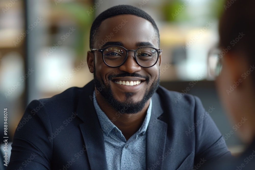 Happy black financial advisor handshaking with his clients during meeting in office, Generative AI Happy black financial advisor handshaking with his clients during meeting in office, Generative AI