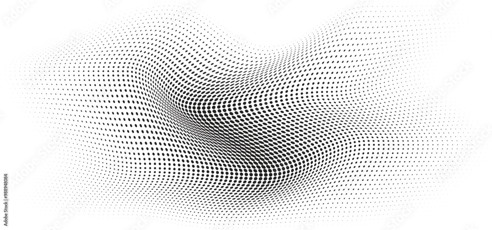 Flowing Wave Dot Halftone Pattern: Curve Gradient Shape on Transparent Background. Suitable for AI, Tech, Network, Digital, Science, and Technology Themes. Flowing Wave Dot Halftone Pattern: Curve Gradient Shape on Transparent Background. Suitable for AI, Tech, Network, Digital, Science, and Technology Themes.