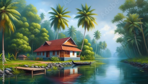 Wallpaper Mural A serene tropical landscape featuring a small house beside a river, surrounded by lush coconut trees and mountains in the background  Torontodigital.ca