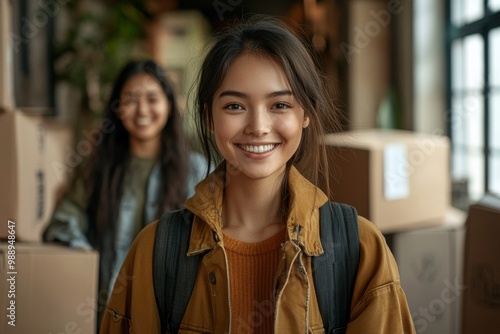 Happy Asian woman and her friend carrying their belongings upstairs while relocating into new apartment, Generative AI