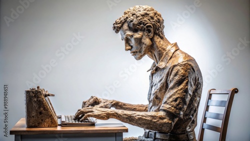 Recycled sculpture of a writer typing on a keyboard