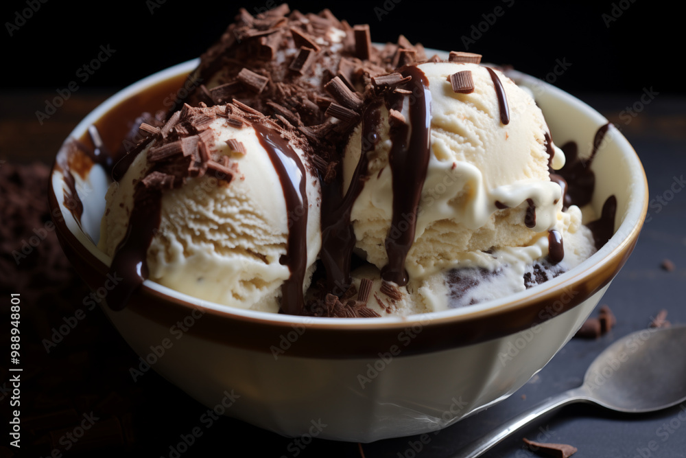 A scoop of rich, dark chocolate ice cream in a handmade waffle cone, brownie with icecream, drizzled with dark chocolate ganache and topped with edible gold flakes. A scoop of rich, dark chocolate ice cream in a handmade waffle cone, brownie with icecream, drizzled with dark chocolate ganache and topped with edible gold flakes.