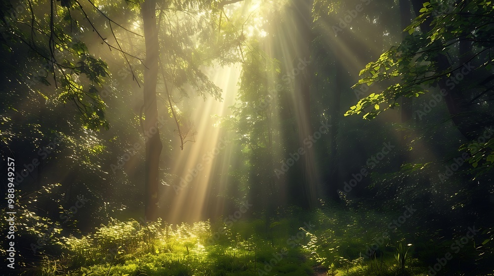 Fototapeta premium Foggy morning in the forest with sunbeams and rays