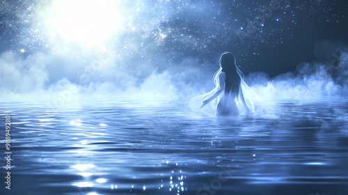 Generative AI, Fantasy Water Spirit with Flowing Hair in the Moonlight
