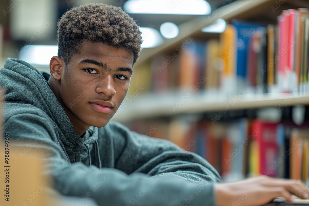 Male student learning at high school library, Generative AI Male student learning at high school library, Generative AI
