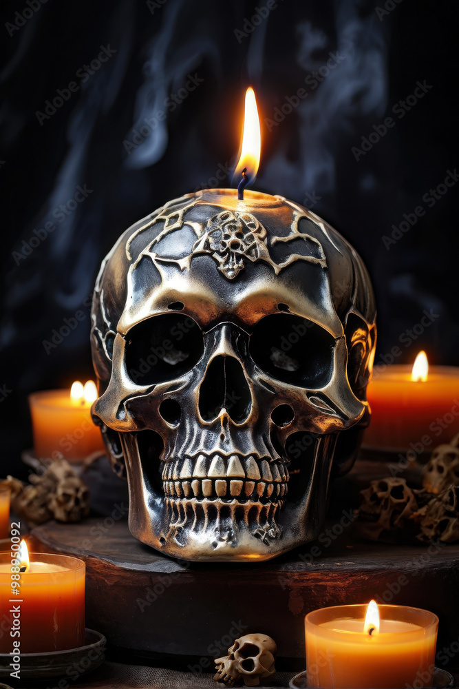 Spooky Burning Candle in Skull. A hauntingly atmospheric scene featuring a flickering candle nestled inside a skull. generative AI Spooky Burning Candle in Skull. A hauntingly atmospheric scene featuring a flickering candle nestled inside a skull. generative AI