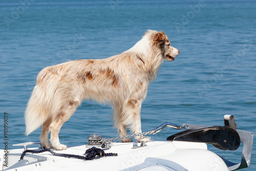 Australian Shepherd dog riding on the prow of a pleasure boat heading out to sea on a hot summer day photo