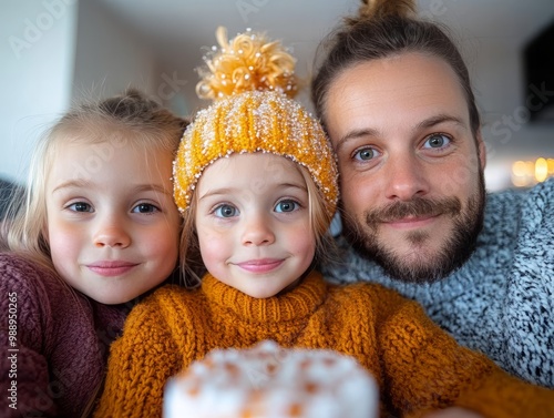 A joyful family portrait featuring a father and his two daughters, showcasing warmth and happiness during a cozy winter moment. photo