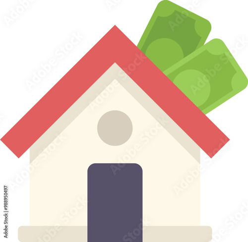 Simple vector illustration of a house with banknotes coming out of its roof illustrating the concept of real estate investment