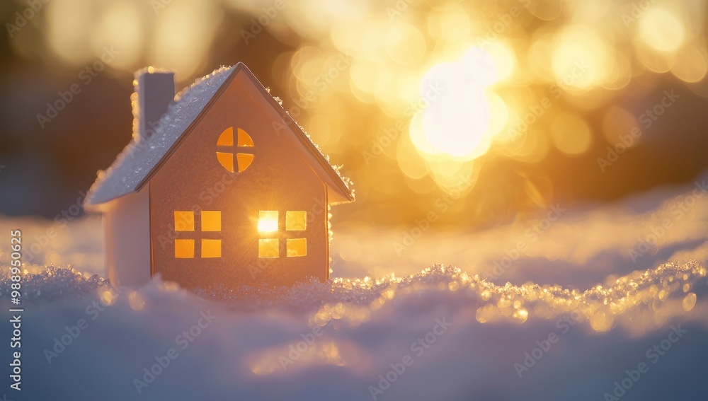 Cozy Winter Home: A miniature house with glowing windows stands in the snow, bathed in the warm glow of the setting sun, evoking a sense of warmth and comfort. Cozy Winter Home: A miniature house with glowing windows stands in the snow, bathed in the warm glow of the setting sun, evoking a sense of warmth and comfort.