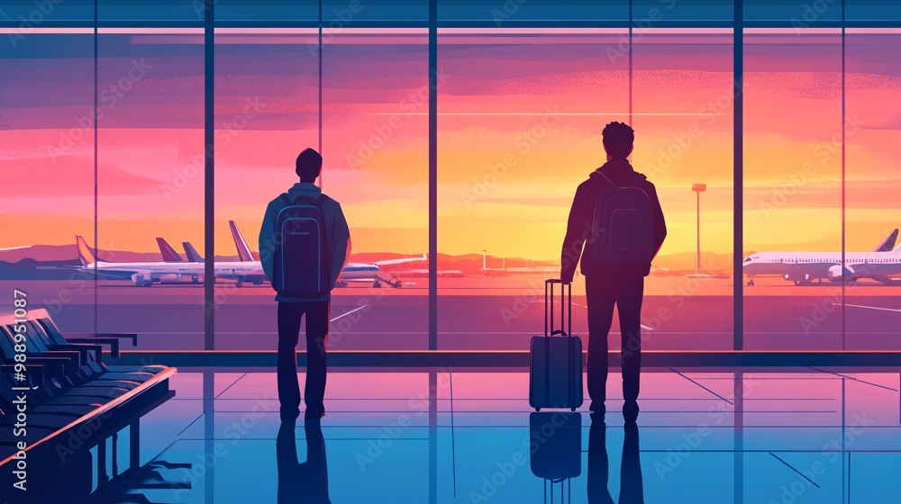 Silhouetted travelers at airport sunset Silhouetted travelers at airport sunset