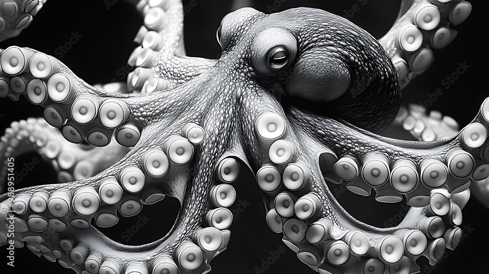 Obraz premium A black and white illustration of octopus tentacles spiraling outward, with detailed suction cups and textured skin, symbolizing intelligence and adaptability, bold contrast between light and dark.