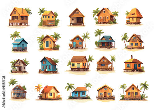 Bungalows cartoon vector set. Palms wooden piles shore coast beach terrace summer villas hat tropical exotic houses cottages apartments buildings, illustration isolated on white background