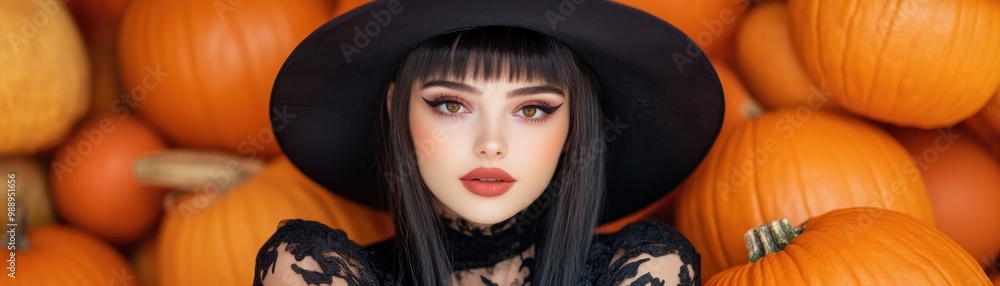 Enchanted Halloween Witch in Stylish Costume Among Festive Pumpkins, Spooky Holiday Decor, Autumnal Background, Witchy Vibes, Halloween Inspiration, Fall Aesthetic Enchanted Halloween Witch in Stylish Costume Among Festive Pumpkins, Spooky Holiday Decor, Autumnal Background, Witchy Vibes, Halloween Inspiration, Fall Aesthetic