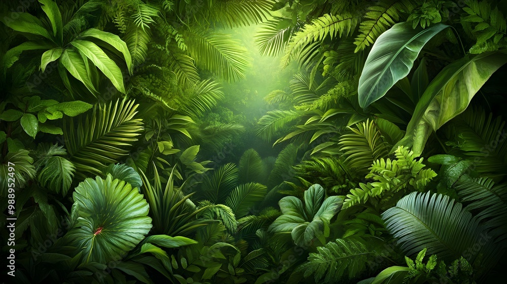 Lush Tropical Rainforest Canopy Teeming with Vibrant Flora and Dynamic Shapes in Naturalist Style Lush Tropical Rainforest Canopy Teeming with Vibrant Flora and Dynamic Shapes in Naturalist Style