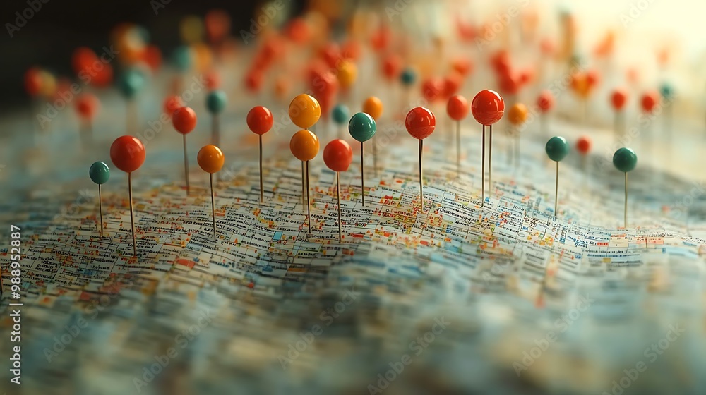 A detailed map spread out, with vibrant red, blue, and green pins marking specific locations, set against a neutral background with soft shadows highlighting the map’s contours A detailed map spread out, with vibrant red, blue, and green pins marking specific locations, set against a neutral background with soft shadows highlighting the map’s contours