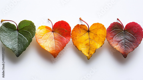 A photograph with heart shaped leaves with different colors. photo