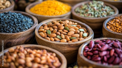 A colorful display of assorted nuts and seeds in wooden bowls, highlighting their natural textures and vibrant colors, perfect for healthy snacking.