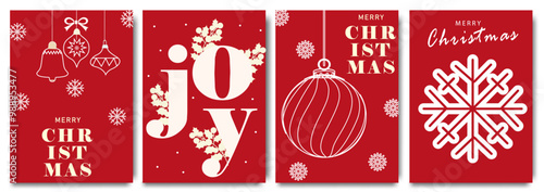 Minimalist Christmas greeting card set. Modern beautiful Xmas design with holiday icons, ornaments, and typography on red background. Minimal art banner, poster, cover templates