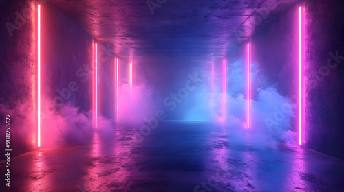 Neon Lights in a Concrete Corridor - 3D Illustration