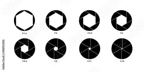 Set of Camera shutter  Diaphragm Icons and symbol, camera Aperture and Lens Focus for adjustment guide, isolated on white background.