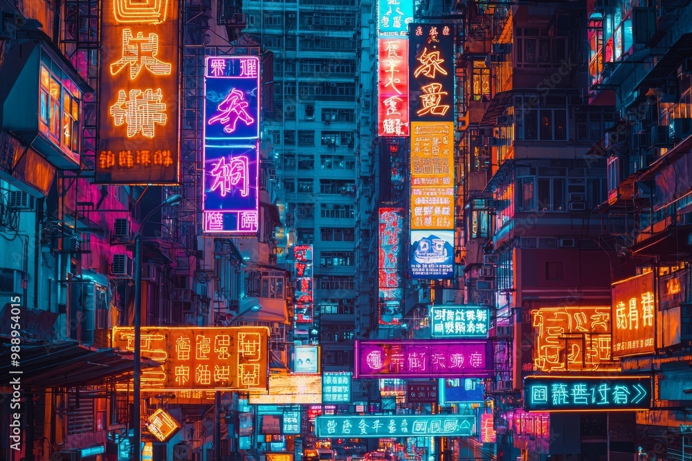 A cluster of bright neon signs lighting up a bustling city street, symbolizing the vibrancy and energy of a mind full of ideas A cluster of bright neon signs lighting up a bustling city street, symbolizing the vibrancy and energy of a mind full of ideas