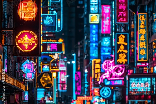 A cluster of bright neon signs lighting up a bustling city street, symbolizing the vibrancy and energy of a mind full of ideas 