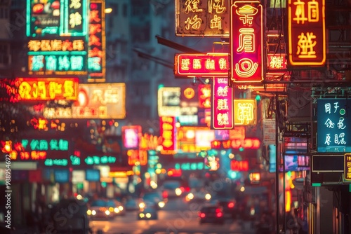 A cluster of bright neon signs lighting up a bustling city street, symbolizing the vibrancy and energy of a mind full of ideas 