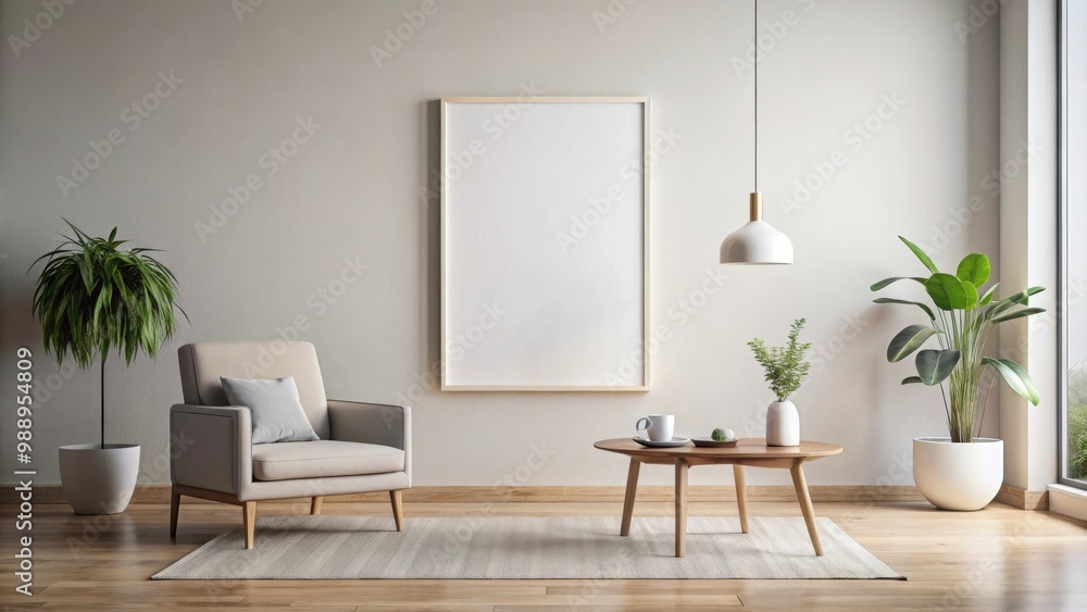 Minimalist modern interior with mockup poster frame, render Minimalist modern interior with mockup poster frame, render
