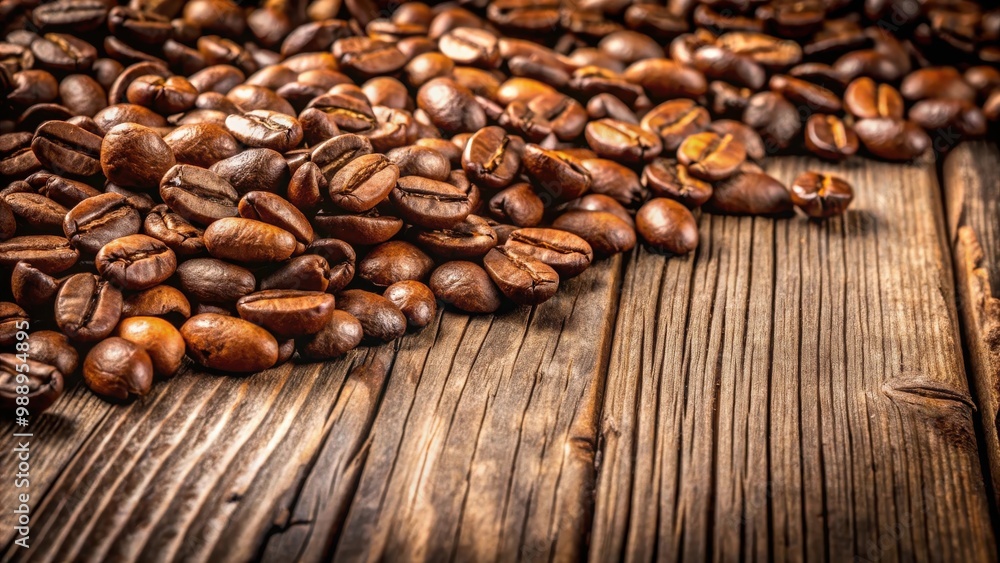 Coffee beans on rustic wooden table, perfect for a cozy coffee shop vibe Coffee beans on rustic wooden table, perfect for a cozy coffee shop vibe