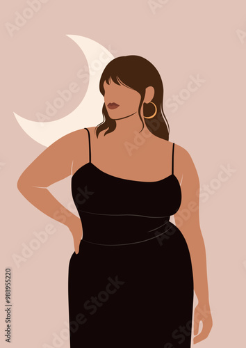 Faceless portrait of brown curvy plus-size woman in a black slip dress, body positivity fashion, night out concept, lady in comfy sleepwear,  woman of color in loungewear, isolated vector illustration