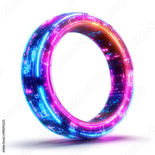 Futuristic glowing digital ring, vibrant colors on a white isolated background