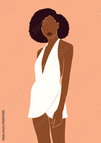 faceless portrait of a black african woman in a white dress, romantic summer fashion girl portrait, isolated vector illustration of woman of color, trendy abstract boho art, 