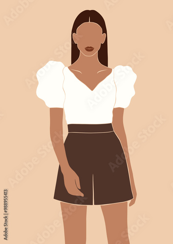 faceless portrait of a brown woman in vacation outfit, beautiful romantic summer girl portrait, isolated vector illustration, fashion poster, trendy abstract boho art