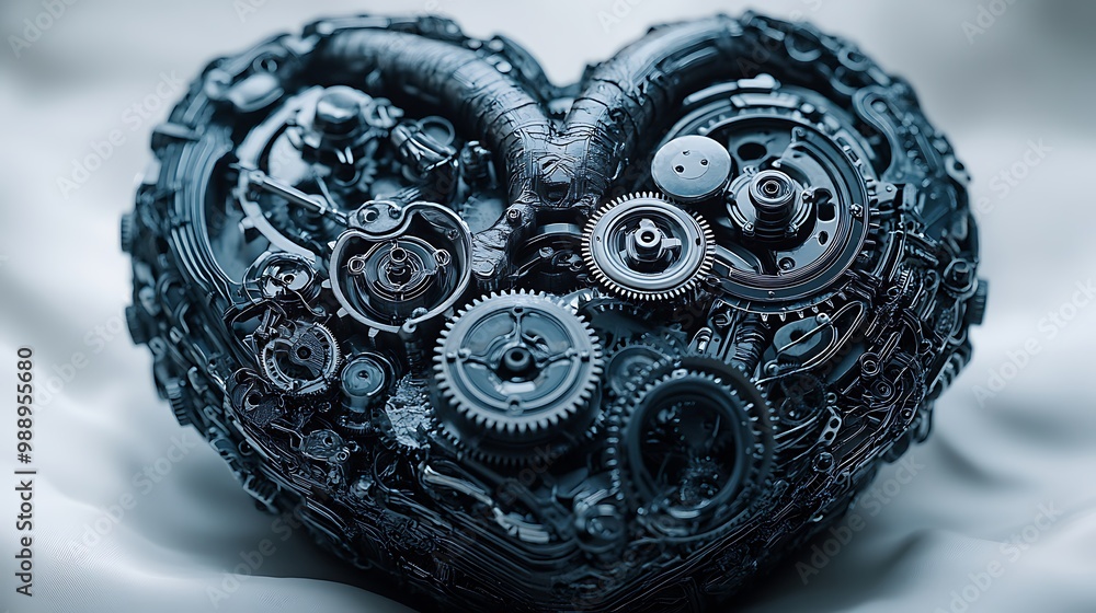 Obraz premium A black and white mechanical heart with gears and cogs interwoven within, intricate machinery symbolizing the fusion of emotion and logic, bold contrasts and detailed metal textures,